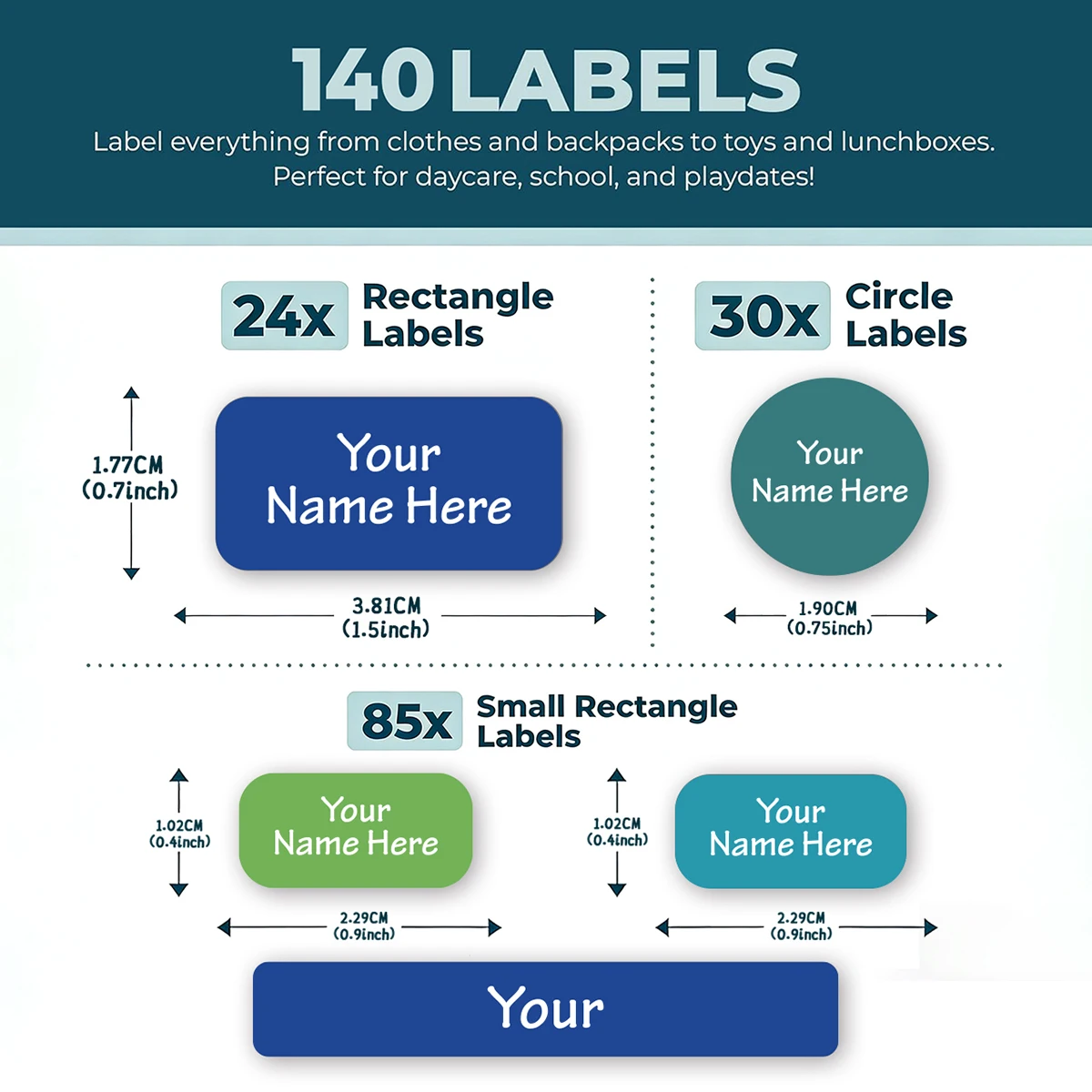 Custom Name Labels, Multicolor Round & Rectangle Stickers for Bottles, Lunch Boxes, Clothing & Supplies