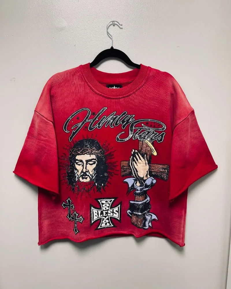 

American retro hip hop casual short-sleeved cross letter print T-shirt for women Y2k Goth Harajuku fashion couple loose shirt