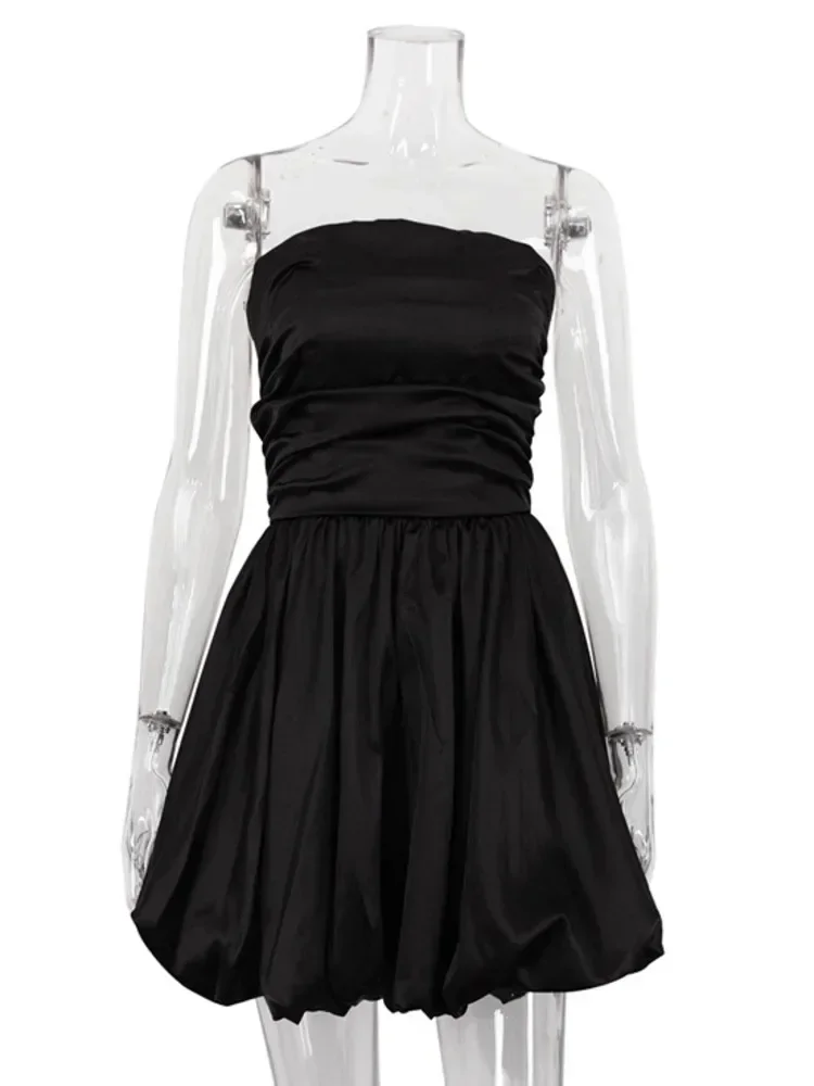 Leosoxs Satin Strapless Pleated Mini Dress for Women Robe Off-shoulder Backless Sleeveless A-line Bodycon Sexy Dress Elegant