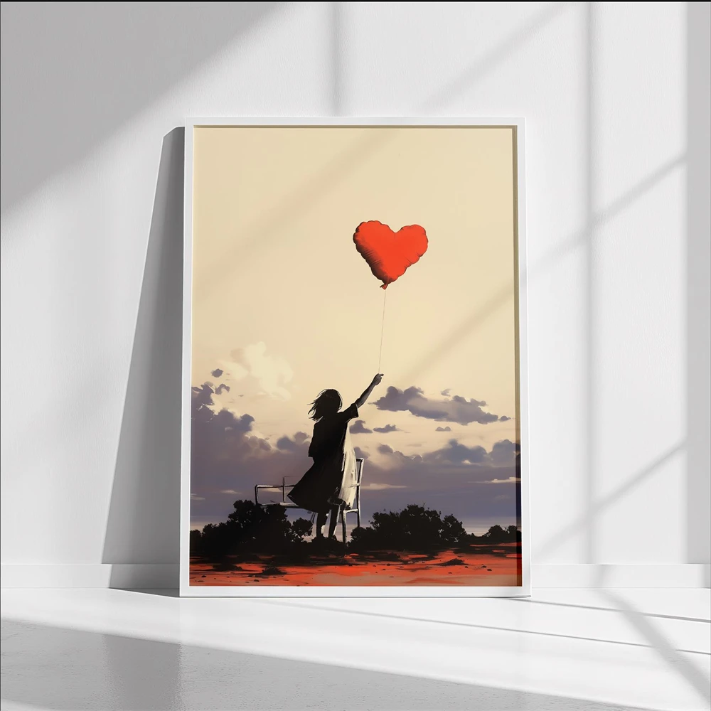 Póster de arte mural con estampado de niña con globo de corazón, recuerdo infantil surrealista y nostálgico, póster de niña con globo de corazón, arte de cielo surrealista
