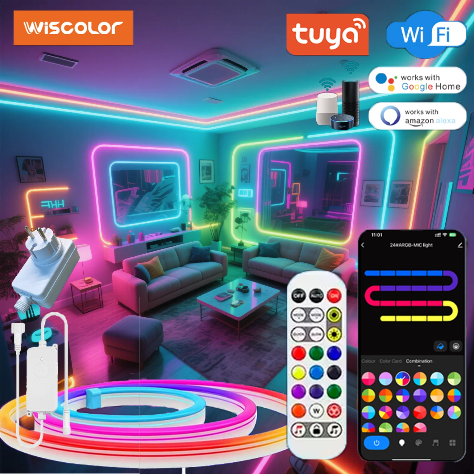 

Wiscolor 24V TUYA WIFI, светодиодные RGBIC неоновые ленты, подключаемые, водонепроницаемые, музыкальная синхронизация, с голосовым управлением, поддержка Aleax/Google Home/Smart Life, для освещения декора комнаты