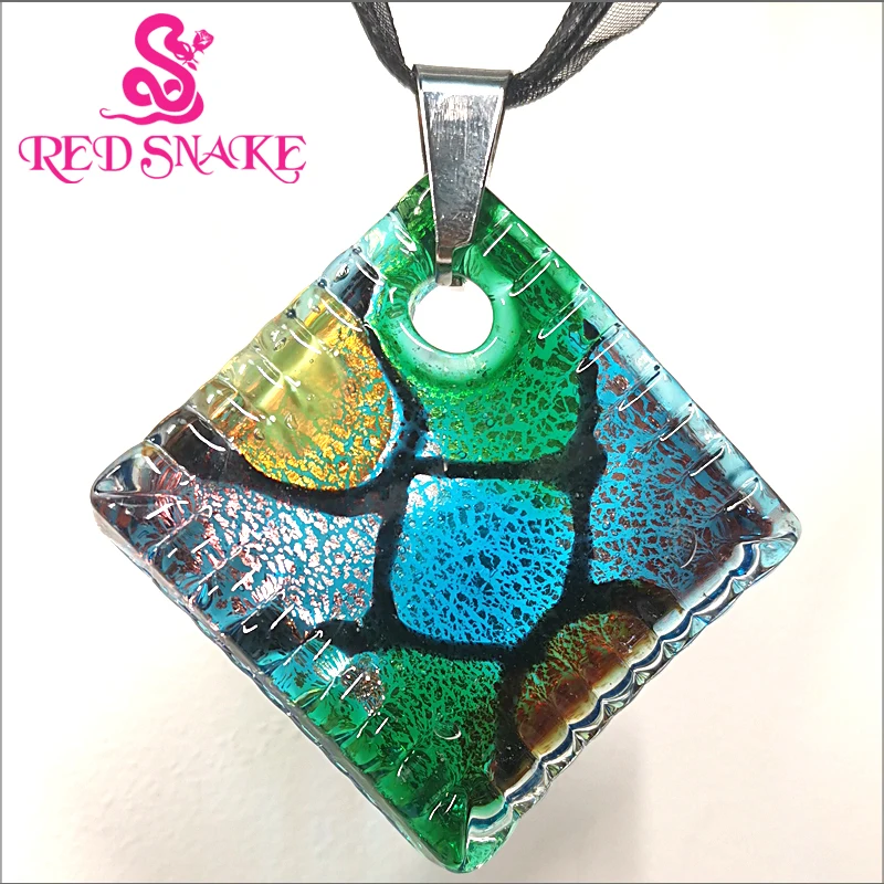 RED SNAKE Murano Glass Green Yellow Red & Colorful Rhombus Pendant Necklace