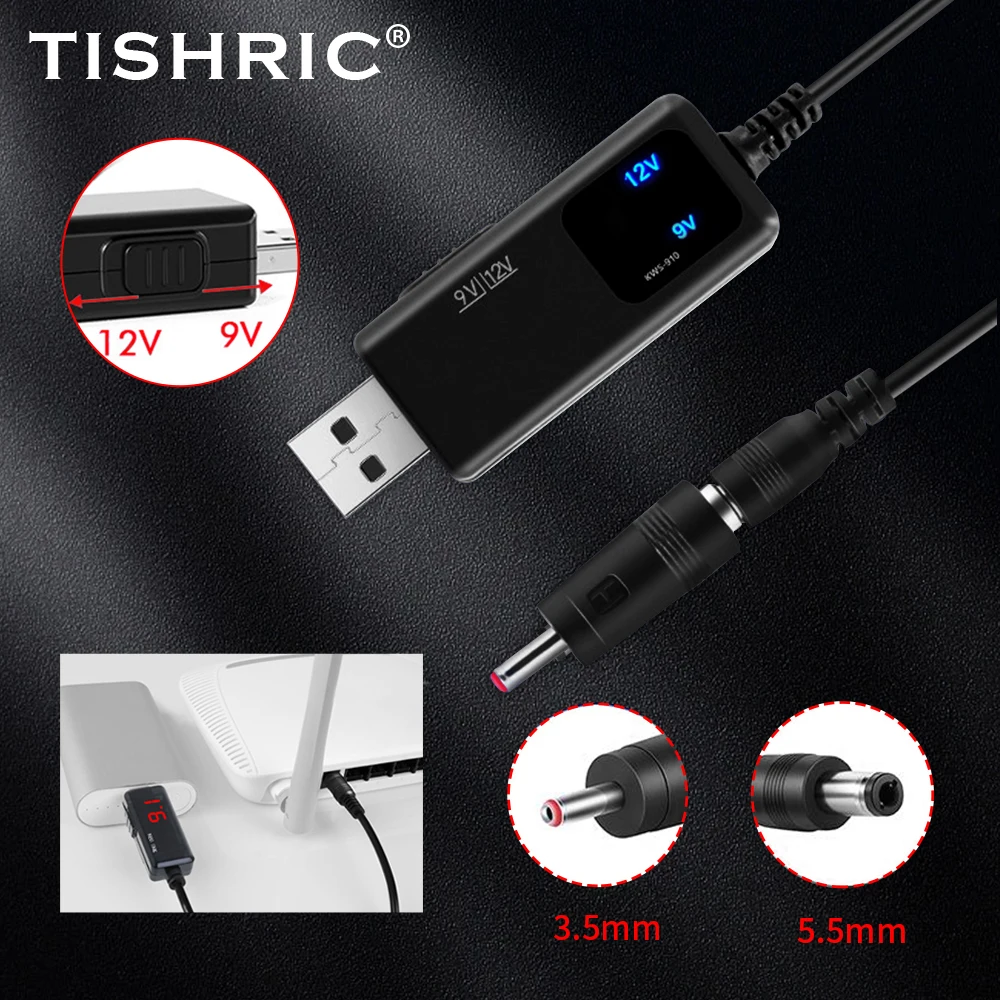 TISHRIC KWS-910 جهد العرض الأزرق USB إلى DC 5.5/3. 5 مللي متر راوتر بصري القط الداعم سلك تيار مستمر 5 فولت إلى 9 فولت/12 فولت USB كابل تعزيز الطاقة