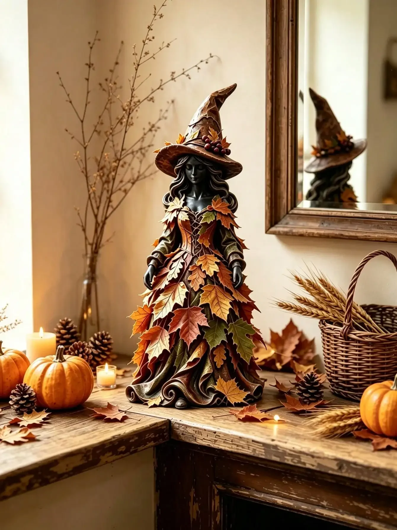 1pc Halloween Autumn Maple Leaf Witch Resin Figurine, Vintage Distressed Witch Statue, Thanksgiving & Fall Desktop Home Decor, Table Centerpiece & Holiday Gift