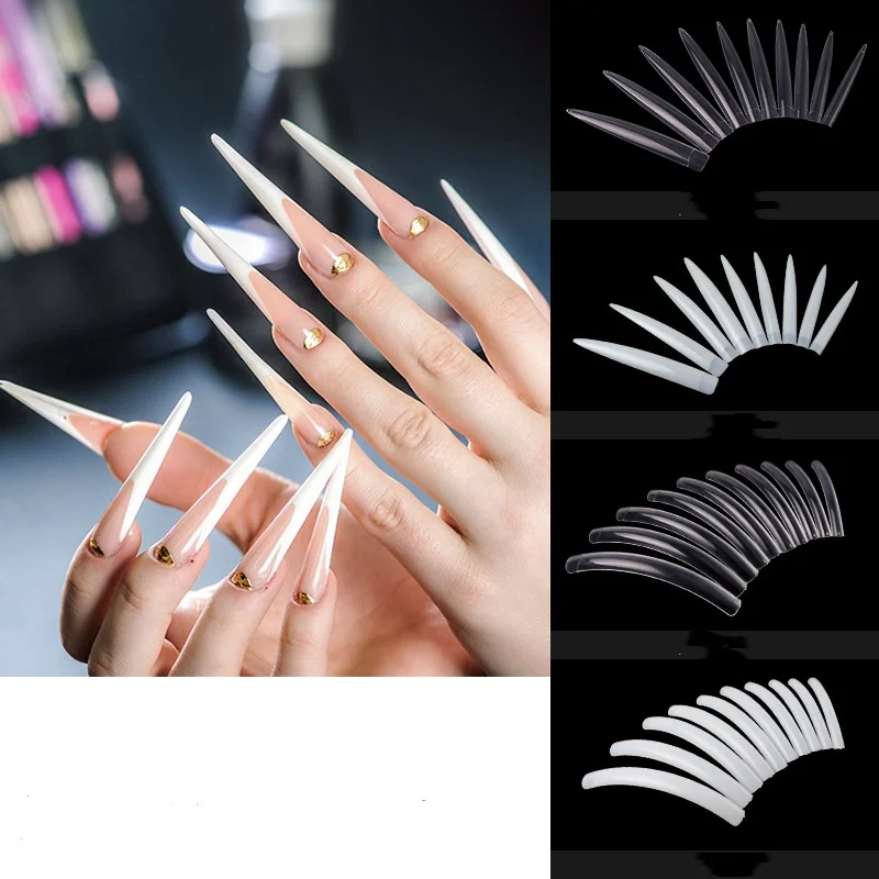 10/12pcs EXtra Long pointed Stiletto Nail Art Tips Clear Natural Half Cover Acrylic UV Gel False Nail Tips Manicure DIY Salon