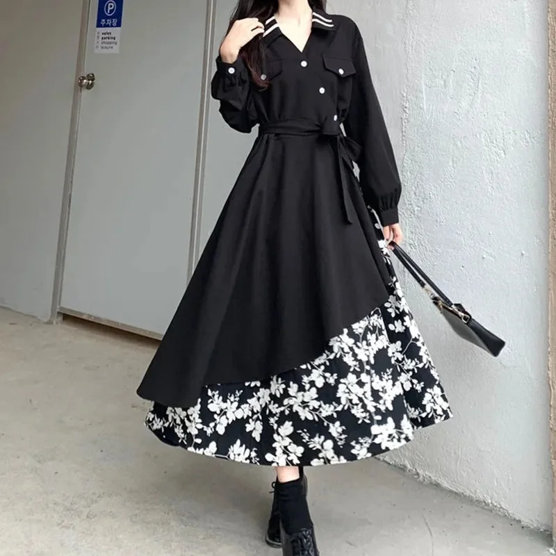 2023 Women A-word Dress Spring Autumn New Korean French Design Sense Flower Long Dress Hepburn Style Female Slim Tea Break Dress