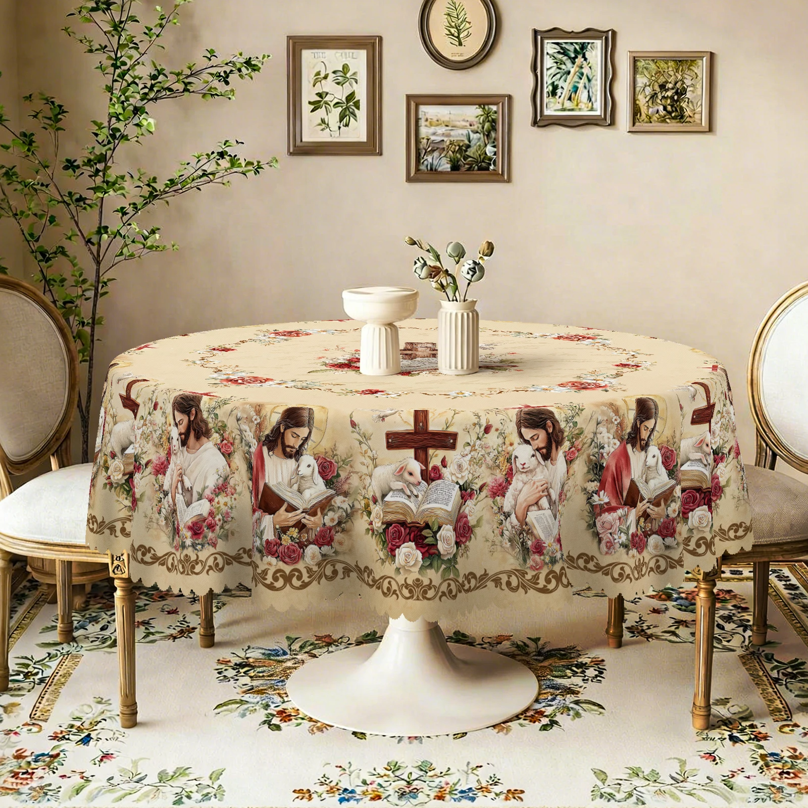 Mantel con temática de Jesús, color blanco y negro, con diseño de telas combinadas, con diseño de telas combinadas y rosas, con diseño de varias flores, resistente al agua y al agua
