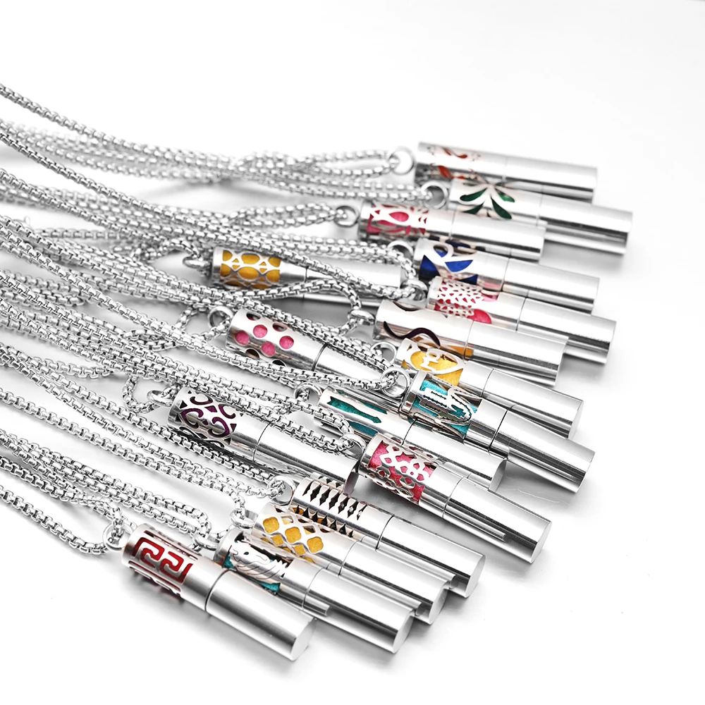 Cylindrical Aromatherapy Essential Oil Diffuser Necklace Storage Bottle Stainless Steel Pendant Fashion Perfume Lockets Jewelry