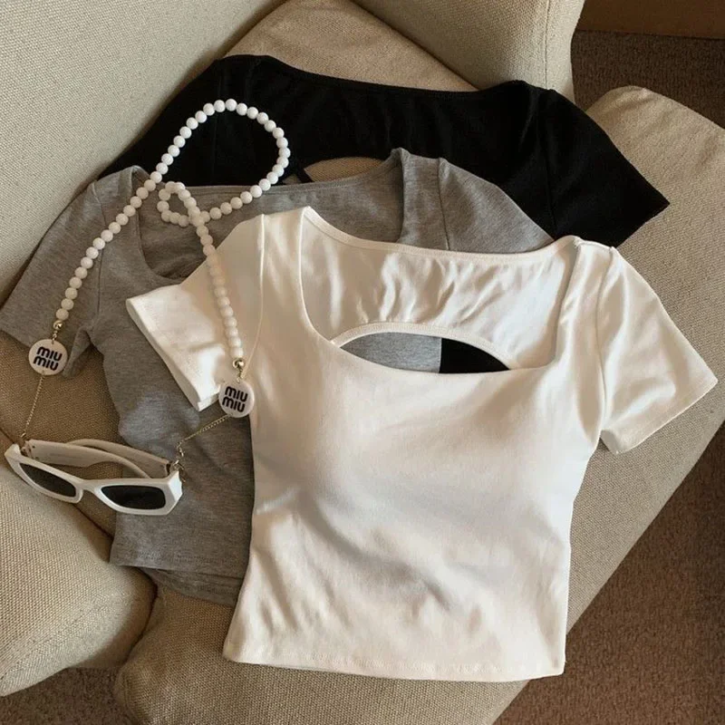 Nice Women's Clothing Hollow Cross Backless Short Sleeved T-shirt Women Summer Paired Spicy Girl Shirt Short Top T-Shirts Tees T