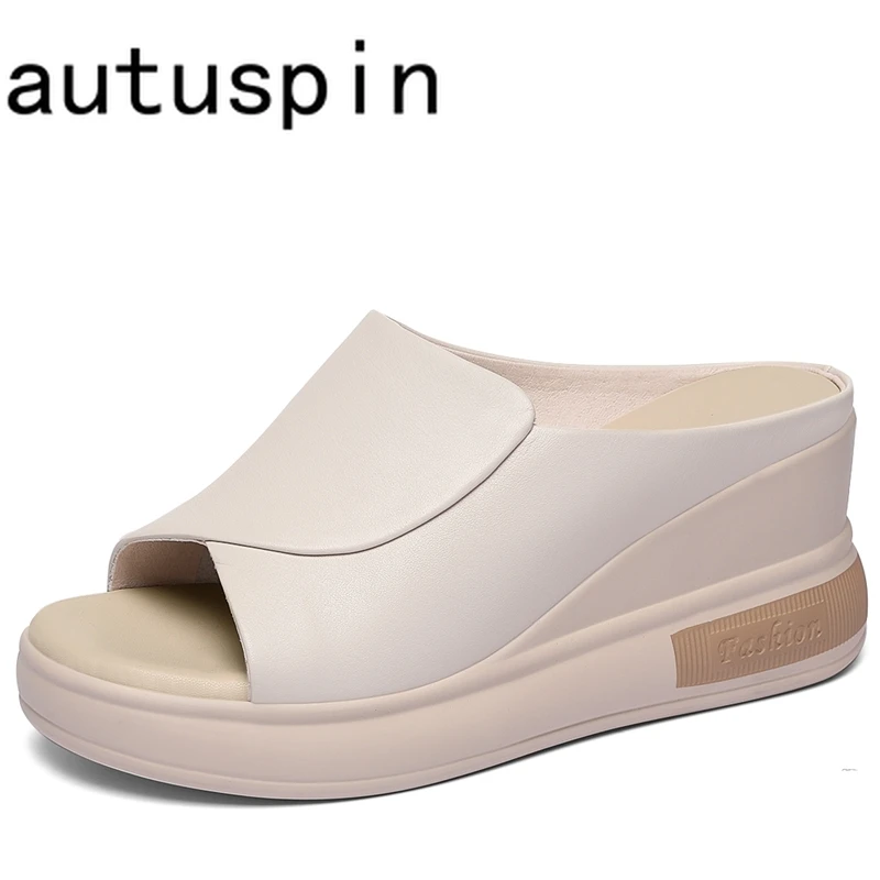 

AUTUSPIN 5cm Wedged Women Slippers 2024 Summer Peep Toe Fashion Shoes Genuine Leather Platform Ladies High Heels Elegant Concise