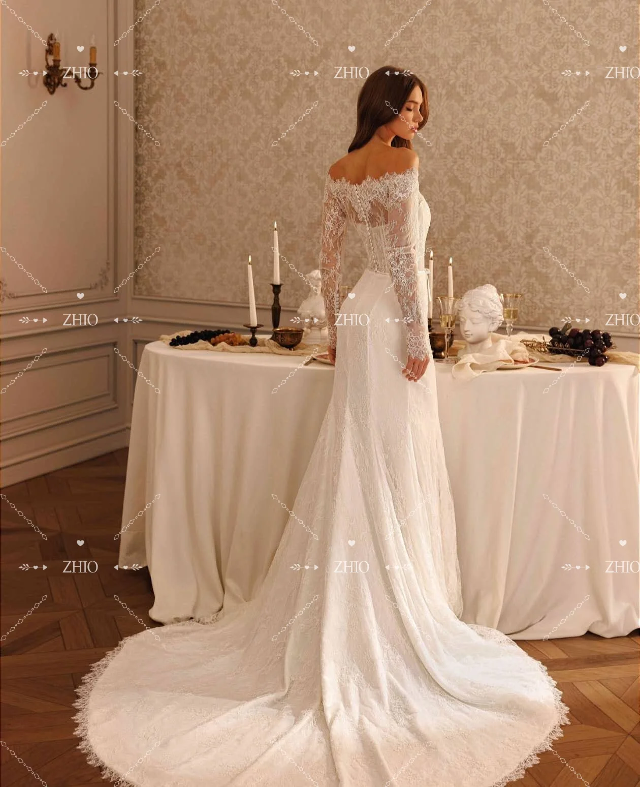 ZHIO فستان زفاف فاخر بحورية البحر من الدانتيل بدون أكتاف وأكمام طويلة سويب تراين فستان زفاف نسائي مخصص فيستدو دي نوفيا
