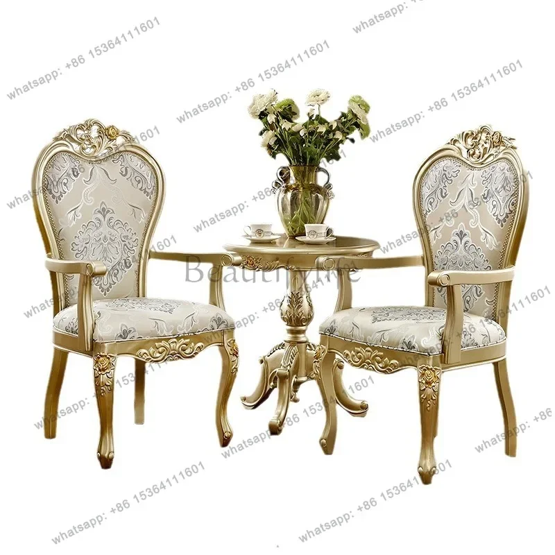 yj57 European cloth dining chair noble gold full solid wood carving flower study backrest casual table and chair combination