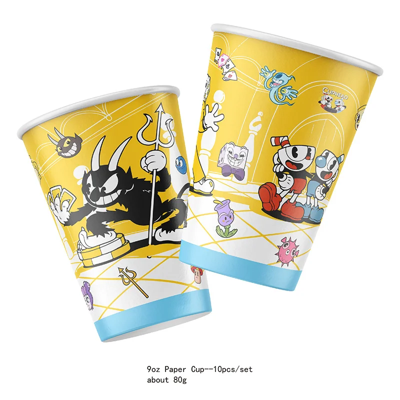 Cute CUPHEAD Theme Boys and Girls Birthday Party Disposable Paper Cup Plate Cupcake Banner Latex Balloon Set Decorate Supplies