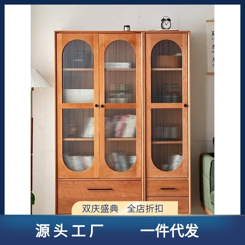 For Time Cherry Bookcase Nordic Japanese Style Glass Door Solid Wood Storage Cabinet with Drawer Simple Standing Locker for