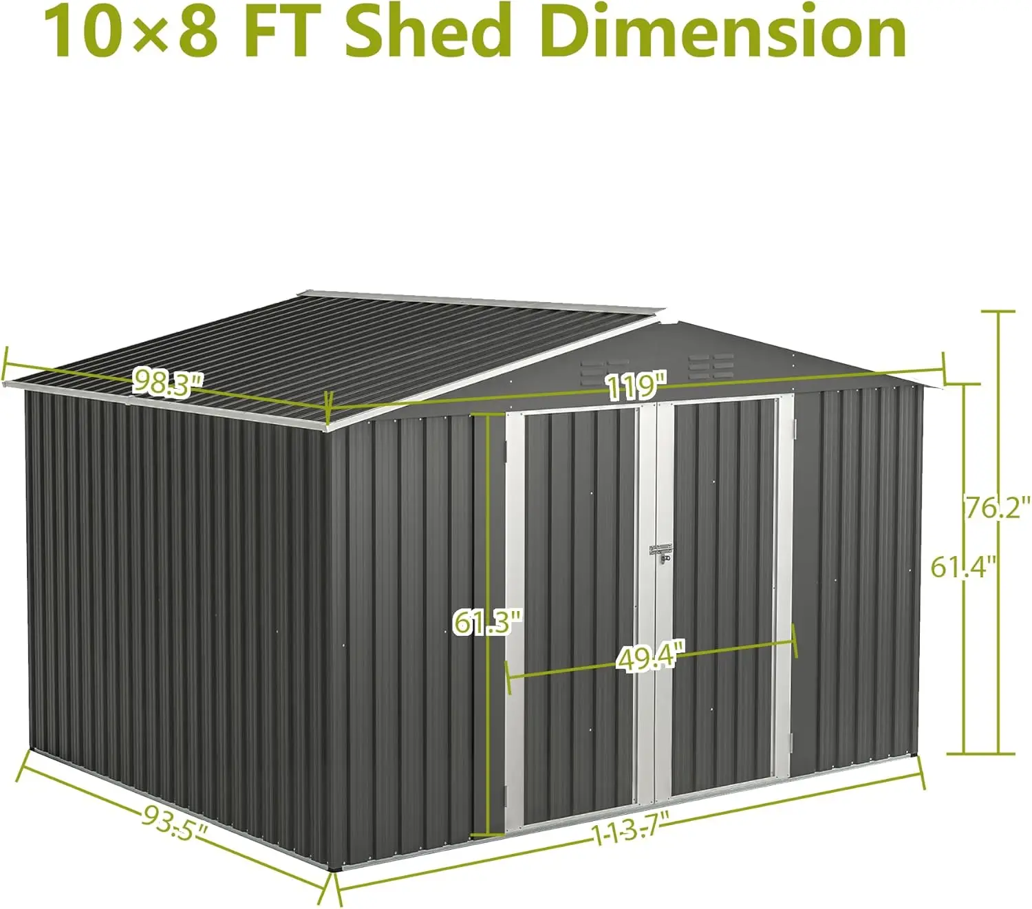 Metal Shed Style Storage Room com ventilação, porta com dobradiça e cadeado, vertente ao ar livre, 10 pés X 8