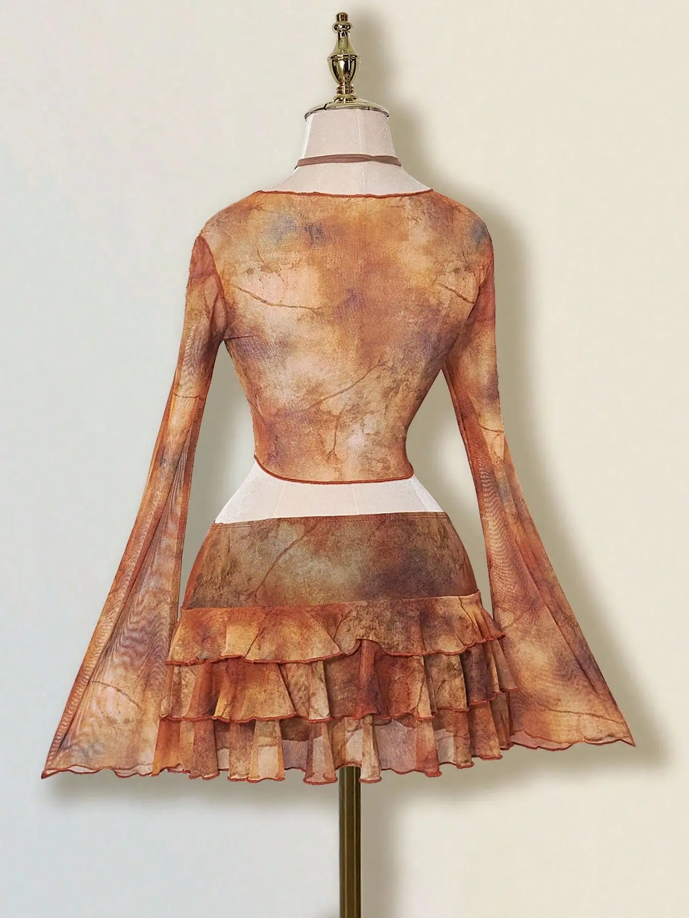 

Vintage Distressed Print Mesh Top And Layered Ruffle Skirt 2 Piece Set For Women