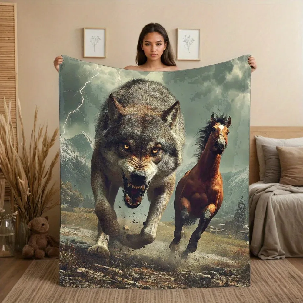 

Wolf Horse Storm Blanket - Wolf & Horse Print Soft Flannel Throw