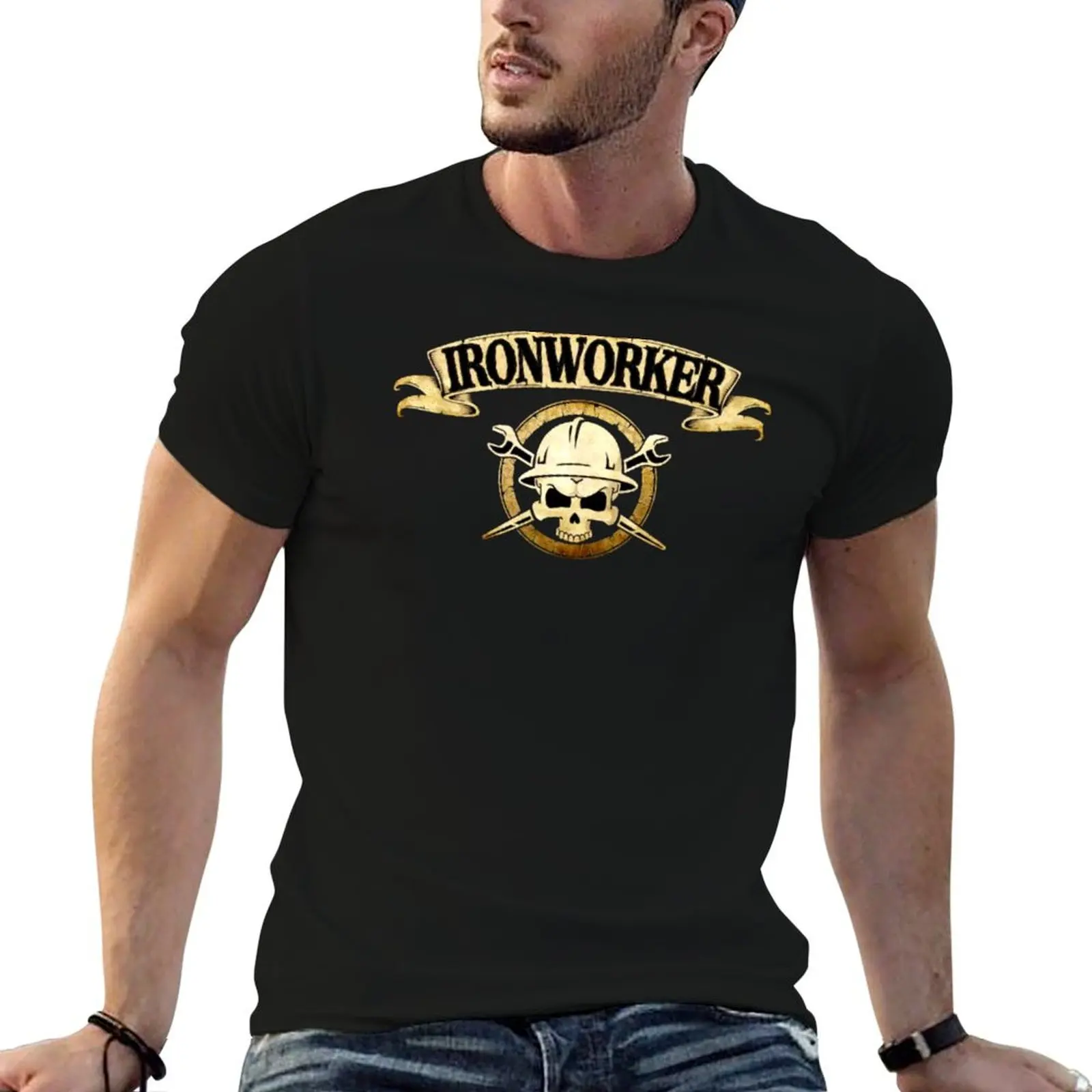 Ironworker Skull Crossbones Badge T-Shirt plus size tops vintage kawaii clothes Men's t shirts