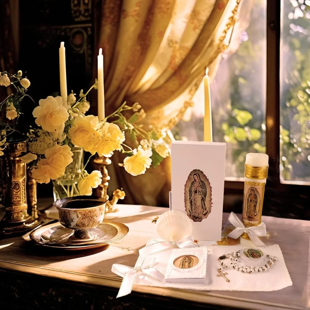 

Baptism Candle Set 5 PCS Kit with Virgen De Guadalupe Candle Towel Rosary Bible for Christening First Communion Gift