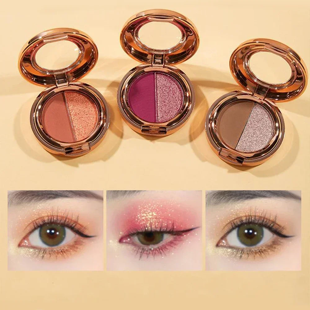 Nampan Eyeshadow dua warna, Matte emas oranye tahan lama palet Makeup portabel payet mata mutiara kosmetik