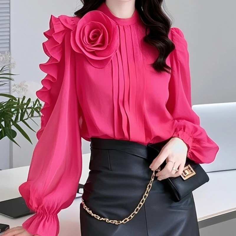 Französisches einzigartiges und schönes Design Sense Nischenoberteil High Sense Rose Red Dreidimensionales Rosenhemd Damen Frühling TT1052