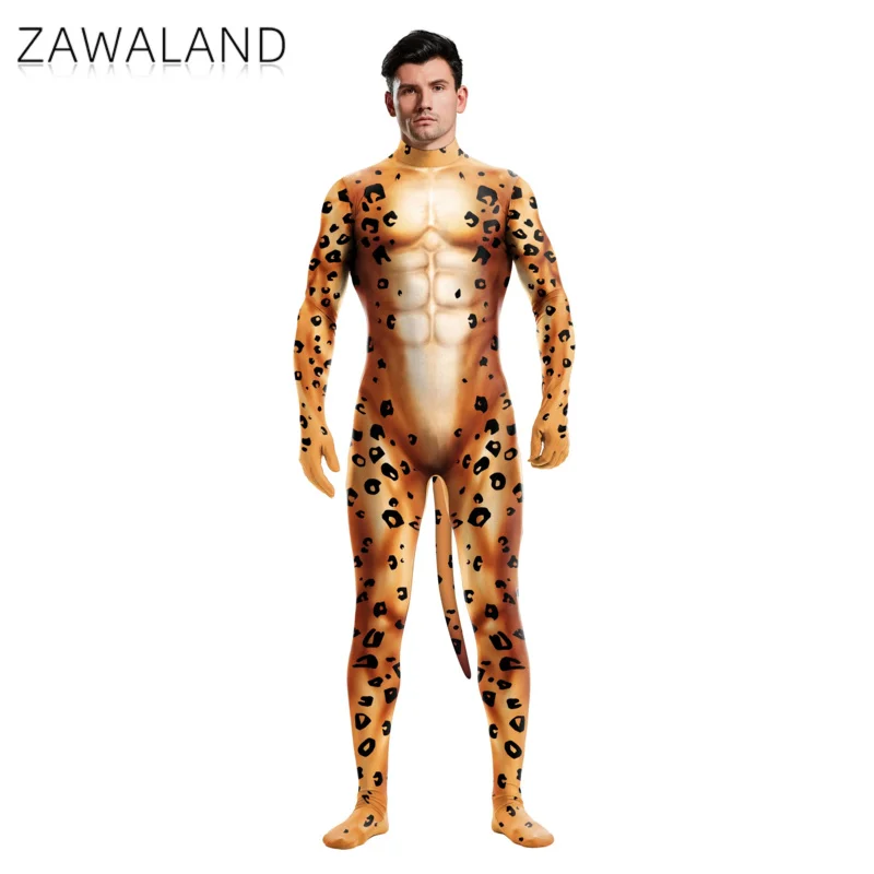 Zawaland kostiumy Cosplay dla dorosłych zwierząt 3D wzór w cętki body Zentai garnitury z ogonem unisex seksowne kombinezony Petsuit umięśnione O