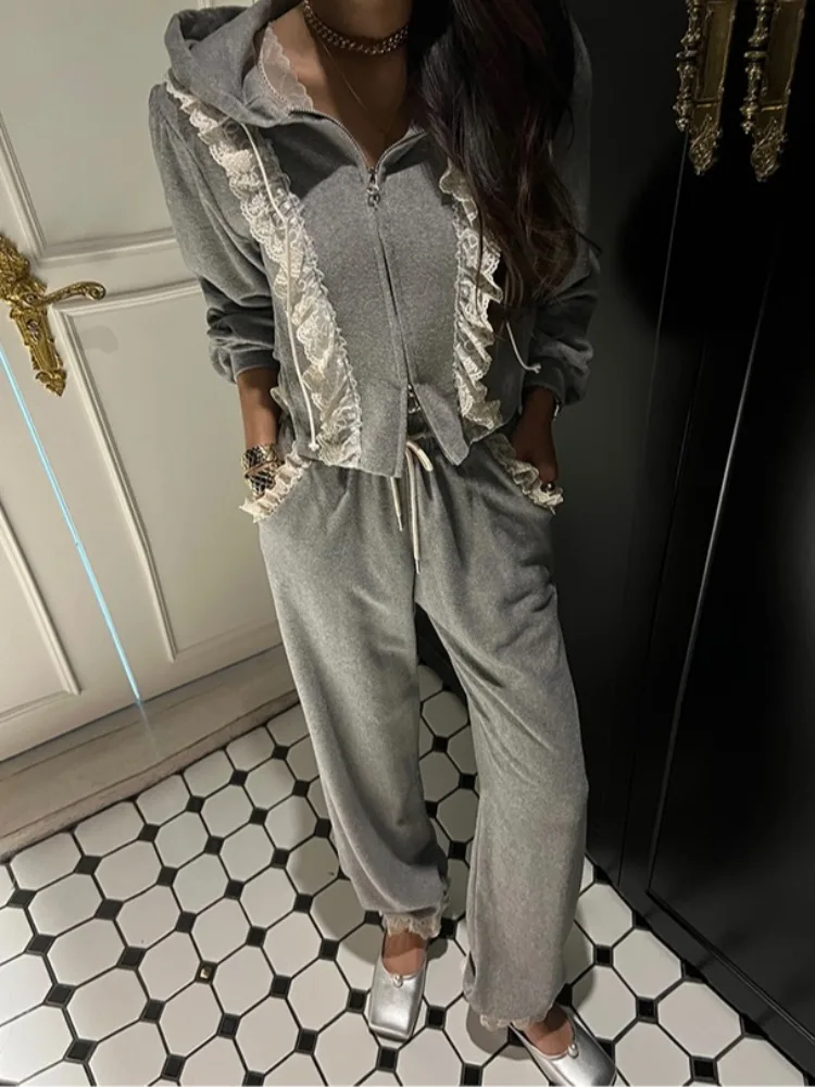 レディースパーカー Jaet パッチワーク レーストリム ハイウエスト カジュアル ロングパンツ 2点セット 通勤 Sle 混合生地 秋冬