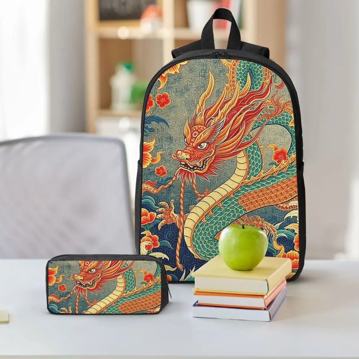 Chinese Dragon Asian Oriental Style Art Backpack Boys Girls BookBag School Bag Shoulder Bags 3ps Insulated Lunch Bag Pencil Case