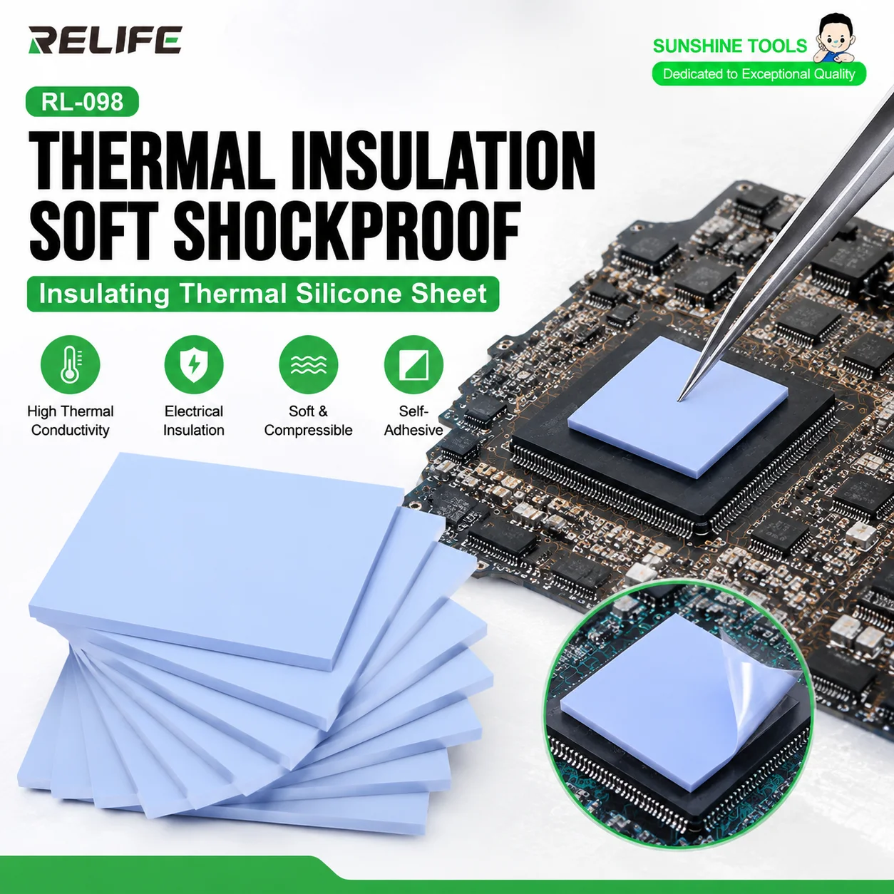 RELIFE RL-098 Thermal Pads 100PCS Pre Cut Silicone Insulation Sheet High Thermal Conductivity for Phone PCB IC Repair