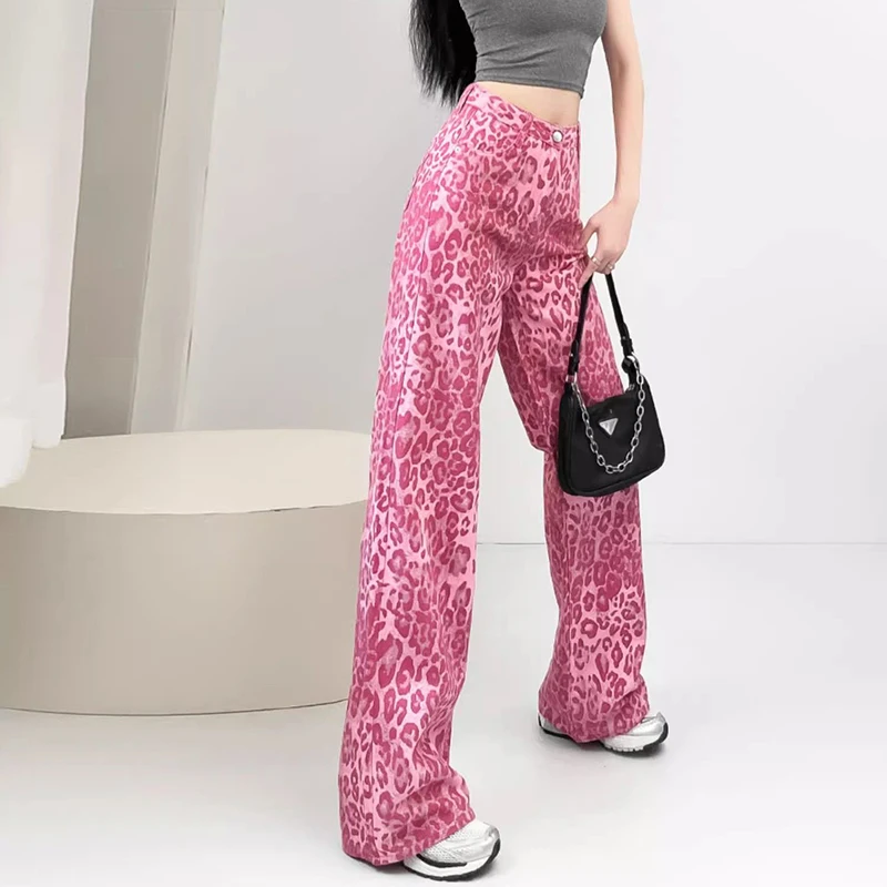 Meisjes roze luipaardprint designer jeans Lady Chic hoge taille broek met rechte pijpen Vrouwelijke Koreaanse casual denim broek