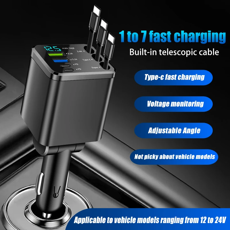 7-IN-1 einziehbares Autoladegerät USB C-Kabel für IPhone Huawei Samsung Schnellladung Zigarettenanzünder-Adapter Typ C USB-Ladegerät