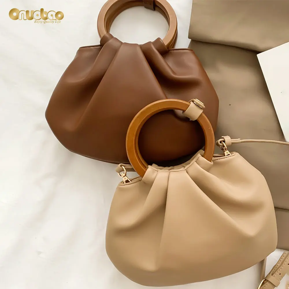 Cloud Bag Bag for Women Fashion Pleated Small Bag Wooden Handle Simple Tote Bags for Ladies