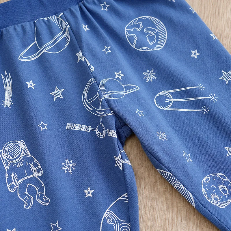 Spring And Autumn Boys And Girls Casual Style Astronaut Printed Cotton Long Sleeve Baby Triangle Bodysuit+Two Piece Pants Set