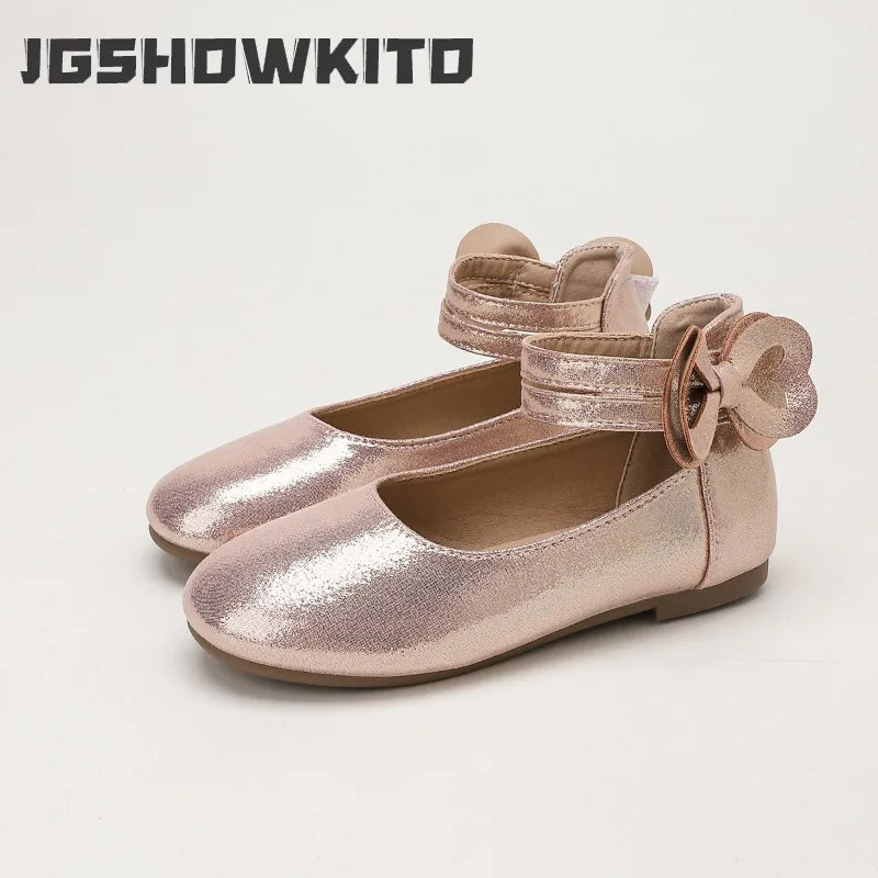 JGSHOWKITO Girls Princess Leather Shoes Elegant Bow Children Mary Jane Shoes for Wedding Party Perform Kids Catwalk Flat Shoes