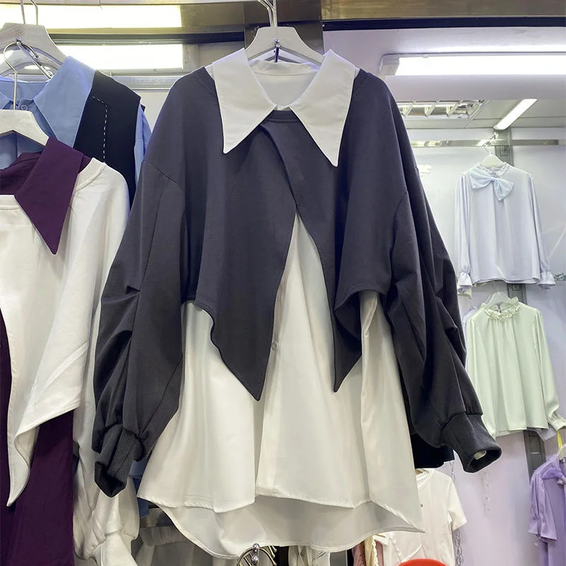 

Комплект из двух предметов: повседневный свитшот большого размера с длинным рукавом и накидка для женщин, осенний модный свободный крой, скрывающий живот, с разрезами