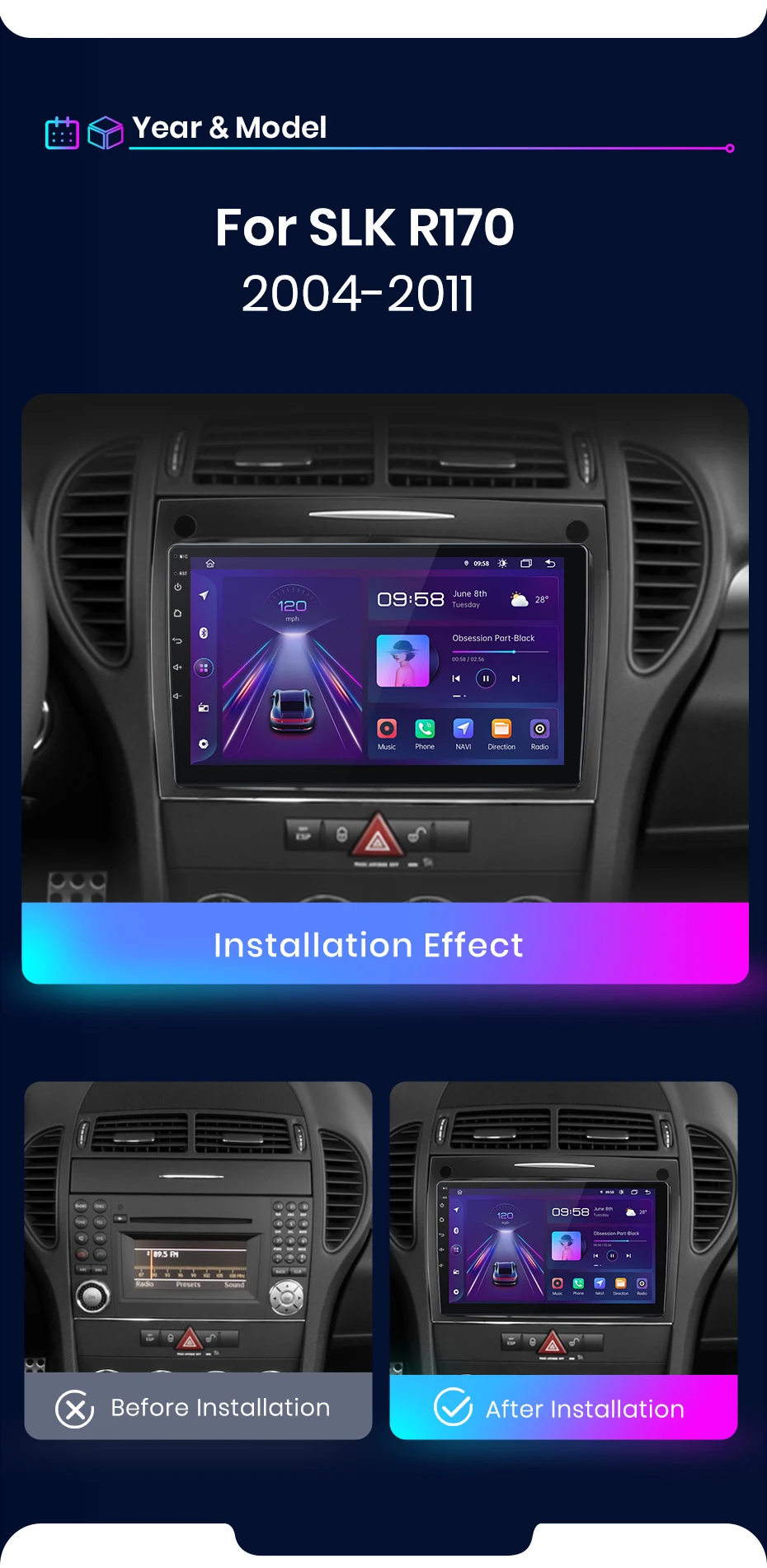 Junsun carplay android auto autoradio für mercedes benz slk klasse r171 2011-2015 slk 2004 2011 gps intelligente systeme – Detail 6
