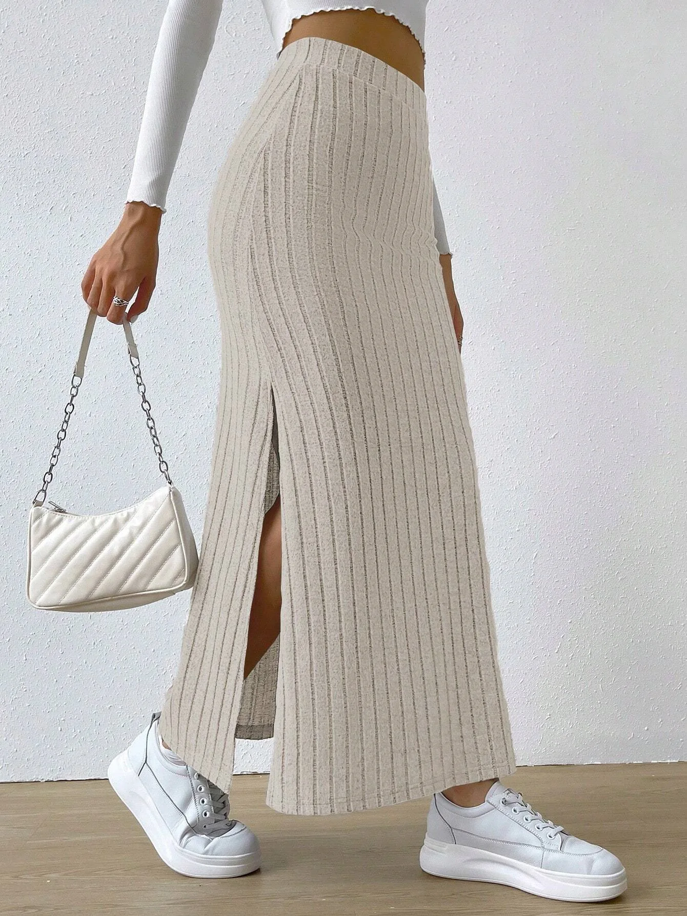 Sexy Split Bodycon Long Skirt for Women Autumn Elegant Slim Fit High-Waisted Skirts Female Solid Color Knitted Skirt