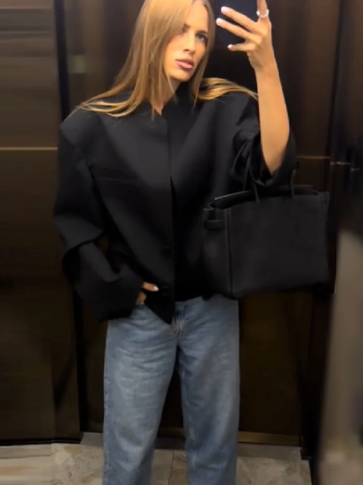Minimalist Black Stand Collar Oversized Blazer For Women Drop Shoulder Long Sleeve Single Button Cropped Jacket Daily Outerwear