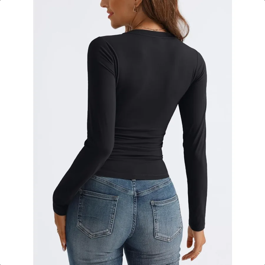 อินเทรนด์ Queen เสื้อแขนยาวผู้หญิง 2025 ฤดูใบไม้ร่วงแฟชั่น V คอพื้นฐาน Crop Tops SLIM FIT Y2K Tops ชุดเสื้อผ้า