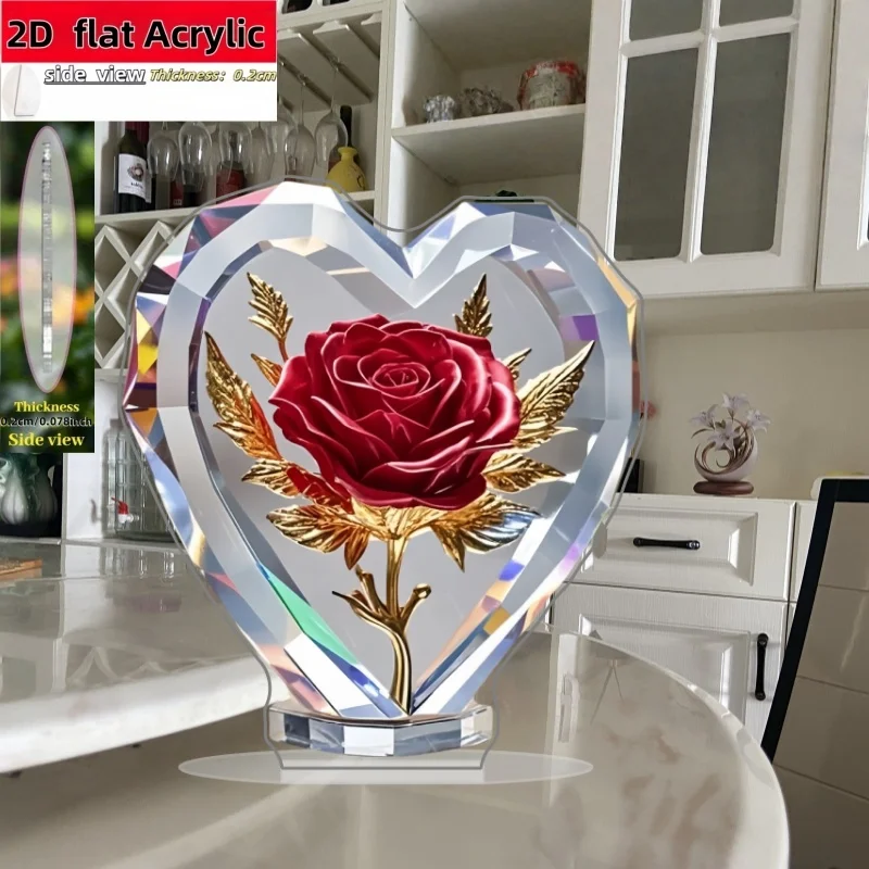 2D Flat, 1pc Heart-Shaped Rose Acrylic Tabletop Decoration with L-Shaped Base - Vibrant Red and Golden Floral Design, Elegant Ho
