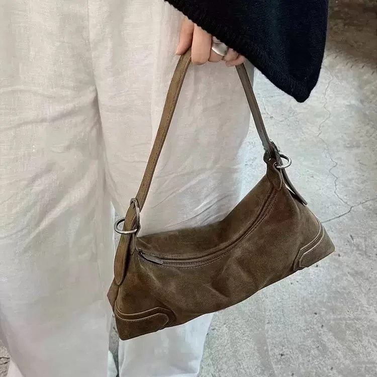 

American Design Luxury Suede Vintage Mural Soft Leather Cool Girl Motorcycle Underarm Bag Faionable Casual oulder Bag