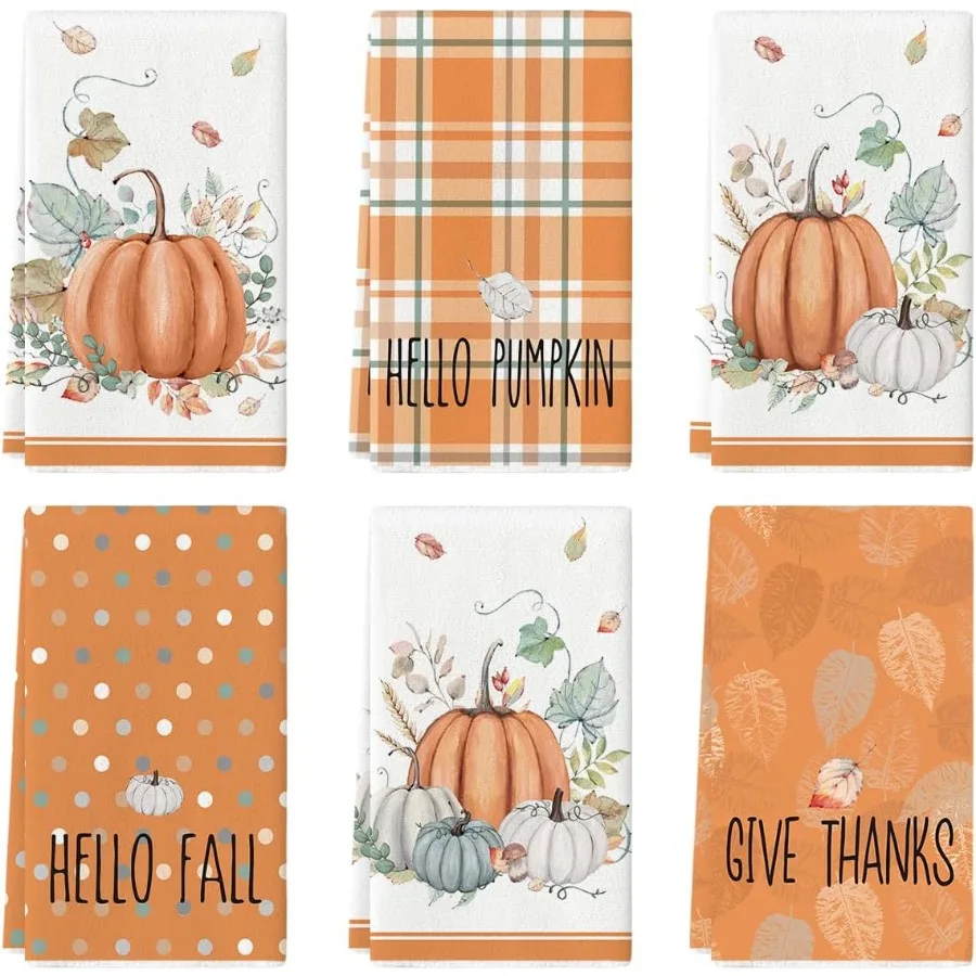 

Оранжевые акварельные полосы Hello Pumpkin Fall Кухонные полотенца Посудовые полотенца 18x26 Ih Seasol Leaves Украшение Рушники для рук Набор из 6 шт.
