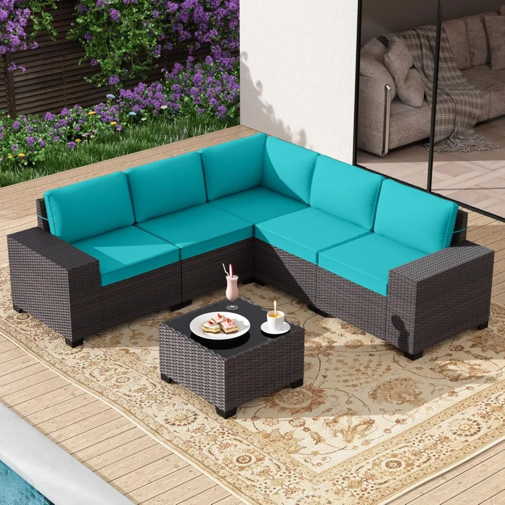 

6-Piece Patio Furniture Set, All-Weather PE Rattan Outdoor Sectional with Replaceable Blue Waterproof Cushions and Coffee Table