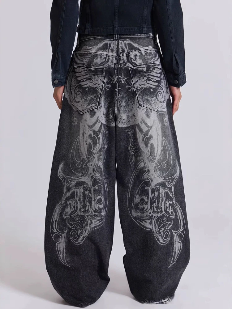 

HOUZHOU Y2k рваные джинсы с готическим принтом, женские винтажные черные мешковатые джинсовые брюки в стиле гранж в стиле Харадзюку, уличная одежда больших размеров, потертые брюки