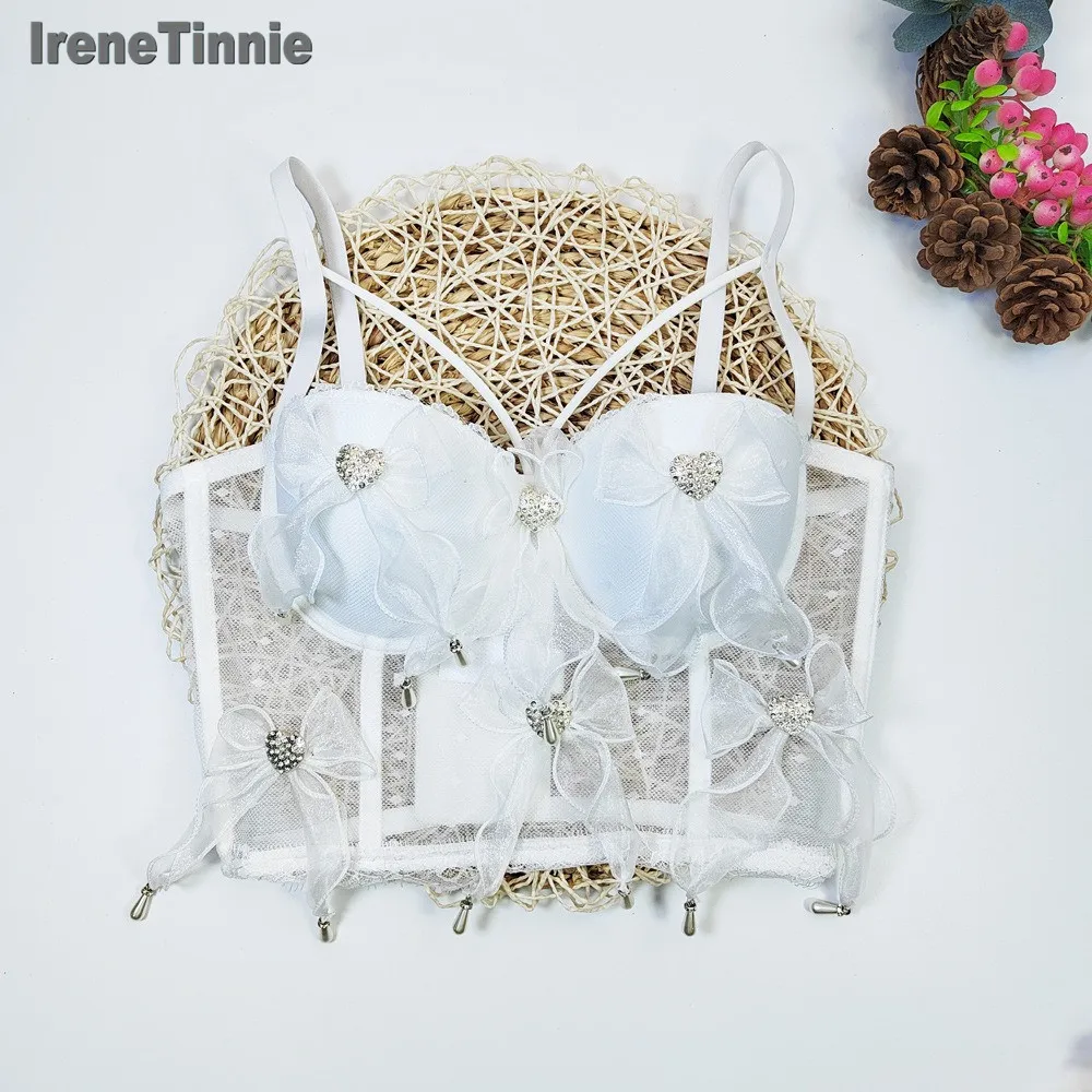 

IRENE TINNIE Lace Bowknot Diamond Inlay Bustier Push Up Night Club Bralette Women's Bra Cropped Top Vest Corset Plus Size