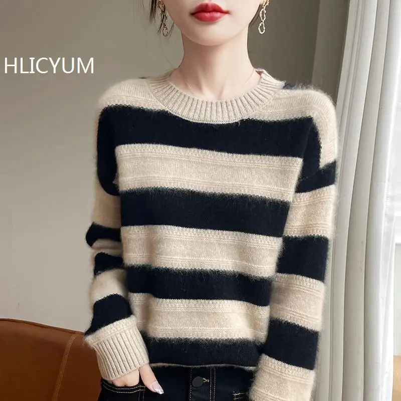 Knitted Striped Sweater Women Loose Casual Round Neck Long Sleeve Female Pullovers Autumn Lady Street Jumper 100% Wool Blouse