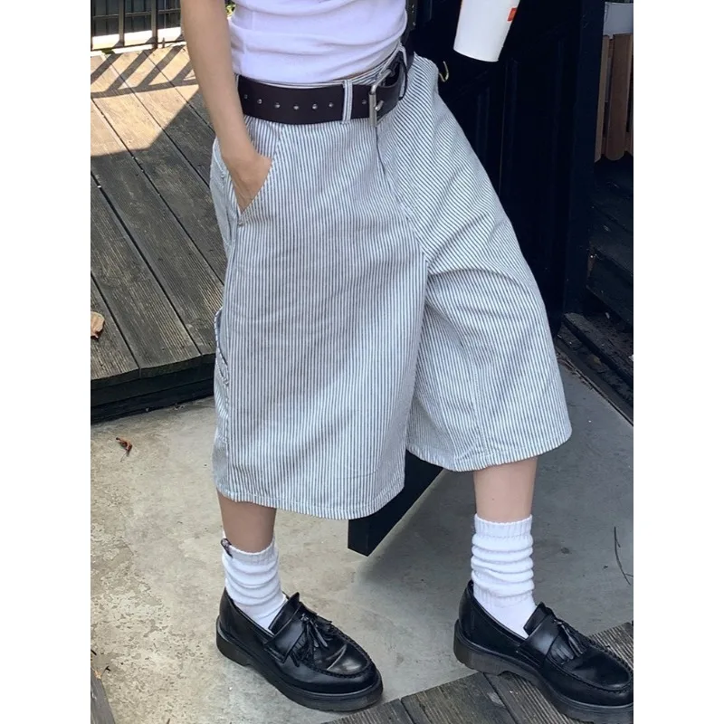 Summer Korean Retro Striped Washed Casual Multi Pocket Workwear Loose Casual Pants Cropped Pants Women Wide Leg Mid Pants