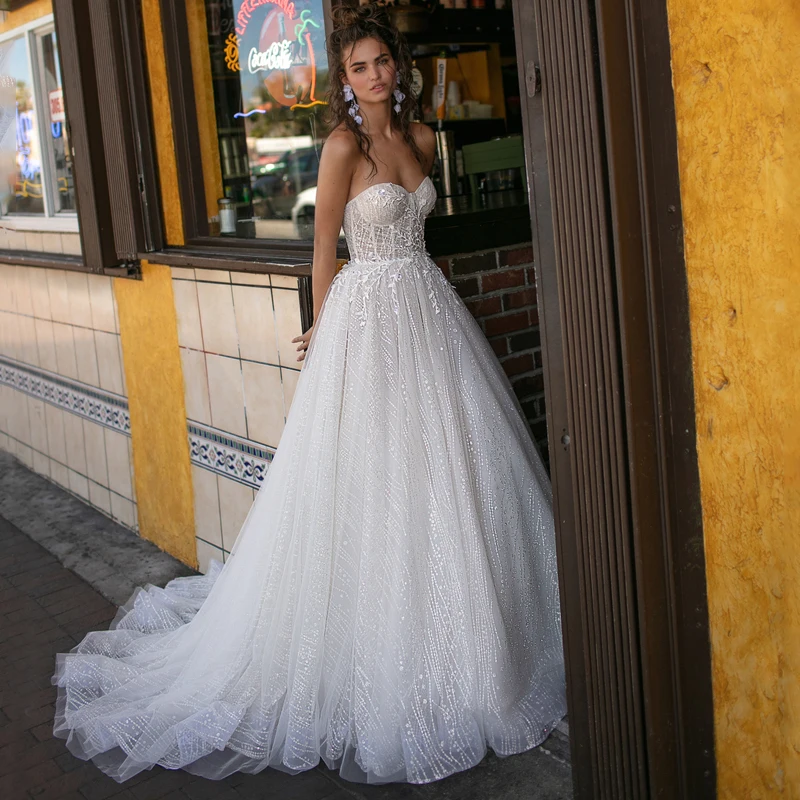 

Sweetheart Appliques Lace Sparkle Tulle Zipper A-Line Wedding Dress Bridal Gown Vestido De Noiva