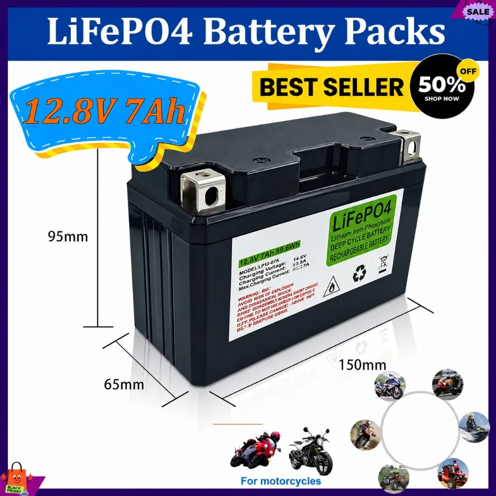 New 12.8V 7Ah Motorcycle LiFePO4 Battery for Motorcycle Motor Starter Built in BMS 12V Lithium Phosphate Scooter Engine Battery
