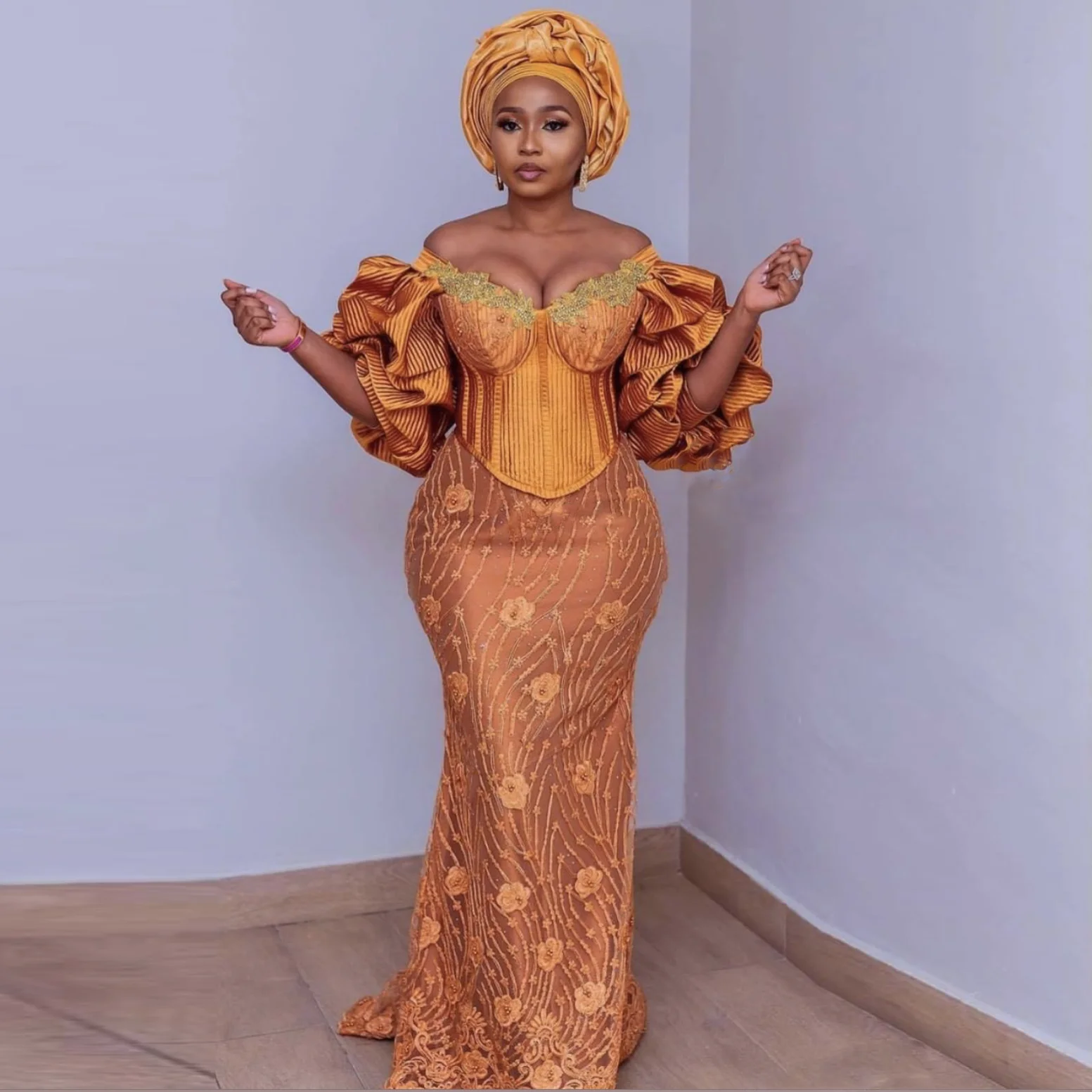 Burnt Orange Aso Ebi Lace Prom Dresses Long Mermaid Off the Shoulder African Lace Dress 2023 Elegant Nigerica Wedding Gowns Plus